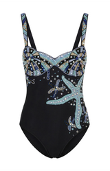 Black swimsuit with butterfly design and blue embellishments on a white background
