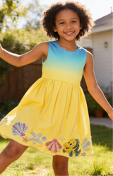 Child wearing a colorful dress with shell designs outdoors