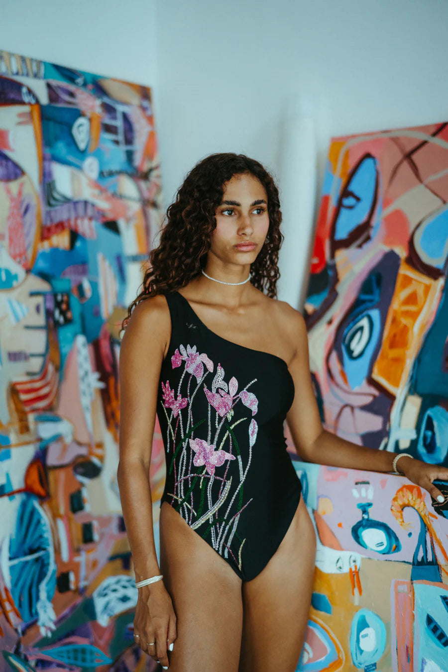 Black embroidered swimsuit shop