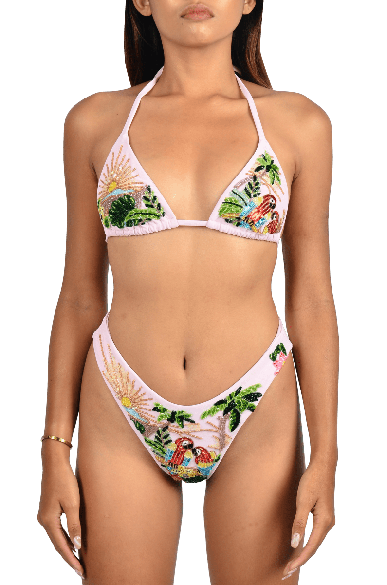 Charli Embellished Premium Tropical Bikini Bottom Pink - Oceanus Swimwear
