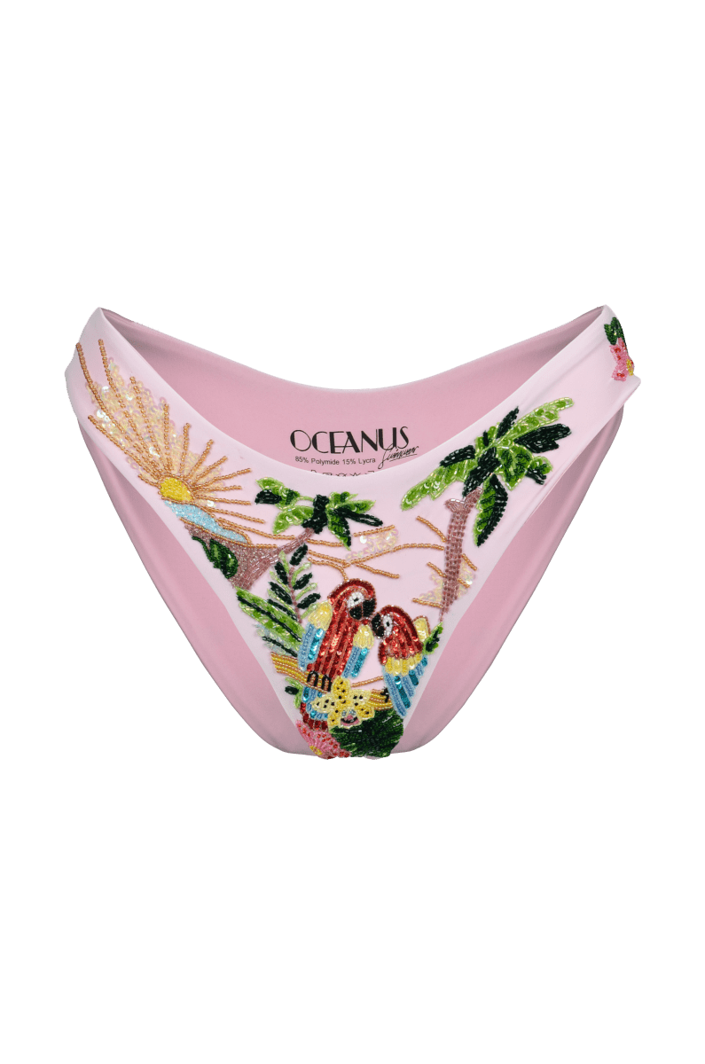 Charli Embellished Premium Tropical Bikini Bottom Pink - Oceanus Swimwear