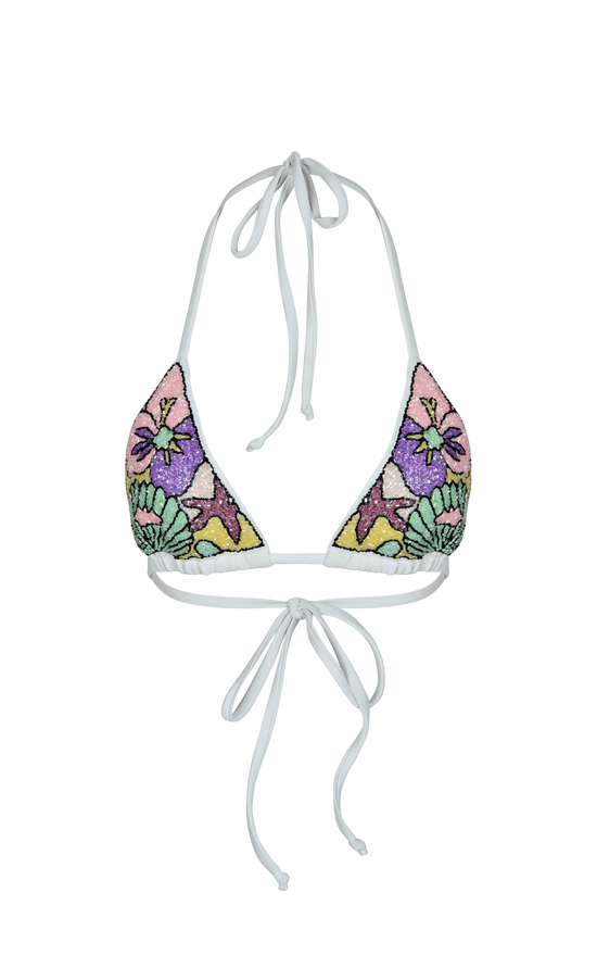 Talia Hand Embroidered White Base Bikini Top