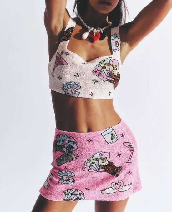 Vegas Beaded Mini Pink Party Beach Co - ord Top - Oceanus Swimwear