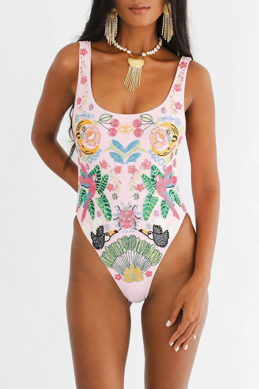Rainforest Hand Beaded swimsuit Pink - Oceanus Swimwear