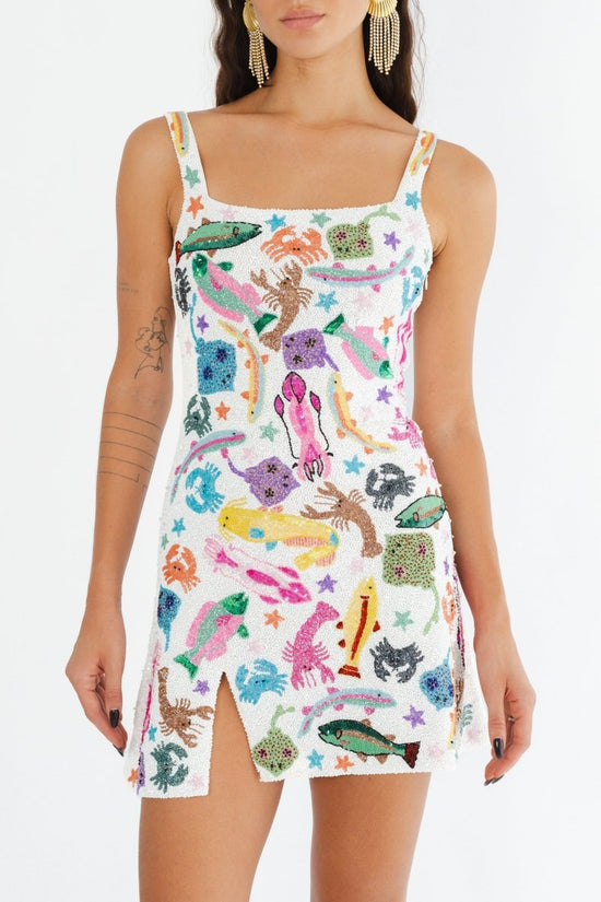 Arizona Beaded Mini Dress White - Oceanus Swimwear