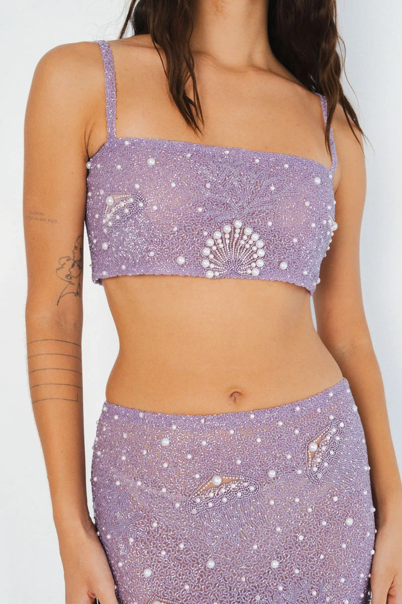 Hazel Beaded Lilac Powermesh Jellyfish Maxi Skirt - Multi Color