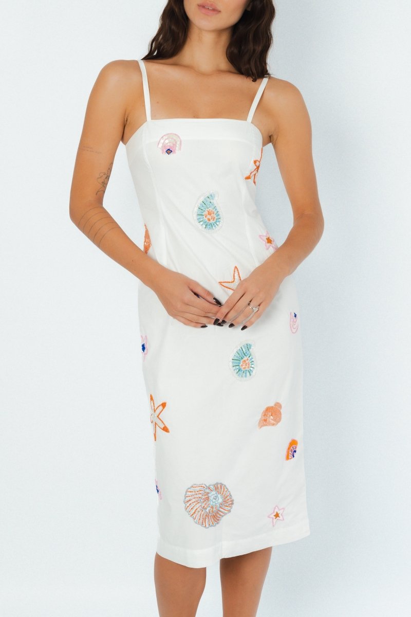 Kiara Crystal Midi Dress White - Oceanus Swimwear