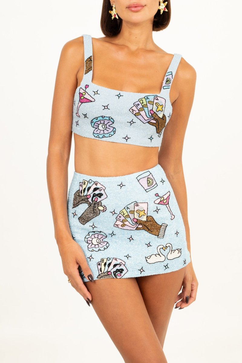Vegas Beaded Mini Blue Party Beach Co - ord Skirt - Oceanus Swimwear