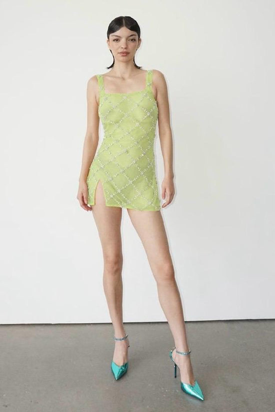 DEIA Embellished Mini Dress with Side Split in Green by Oceanus