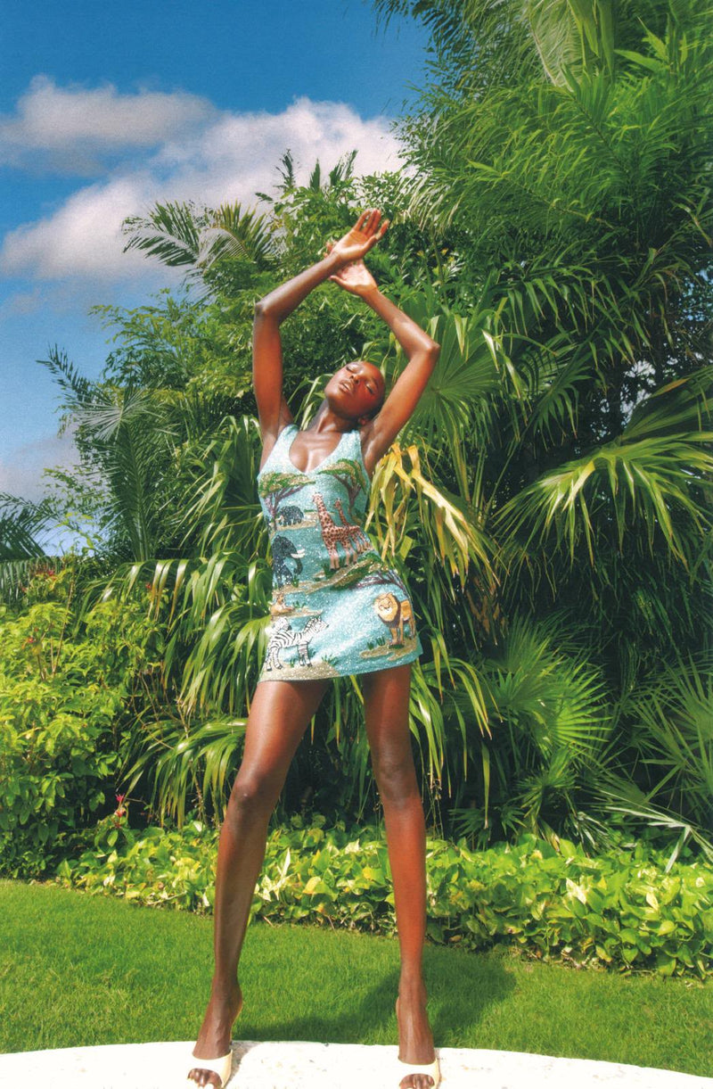 Aqua Savannah Safari Embellished Dress