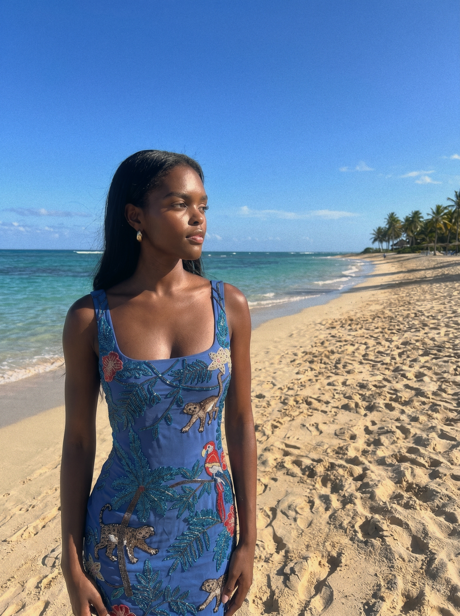 Tropica Blue Hand-Embroidery Mini Dress