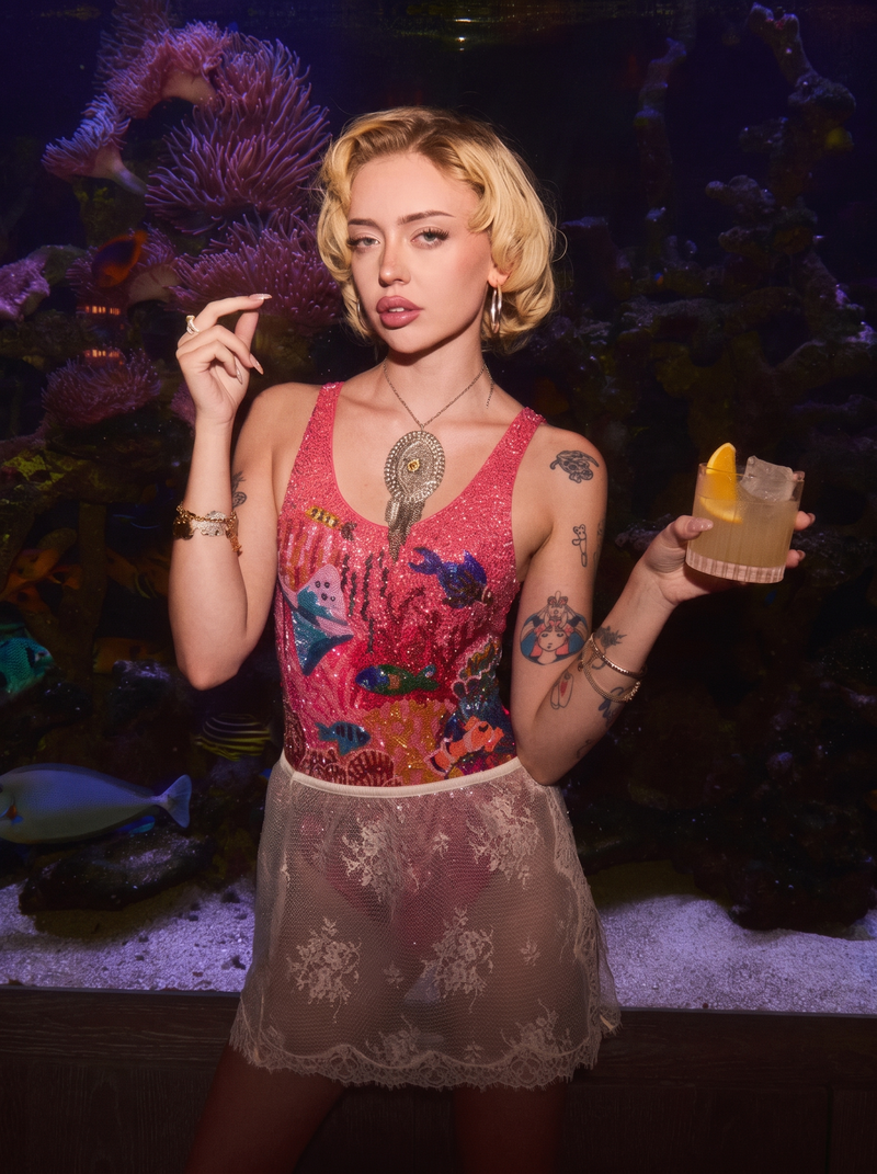 Pink Coastal Fish Beaded Swimsuit