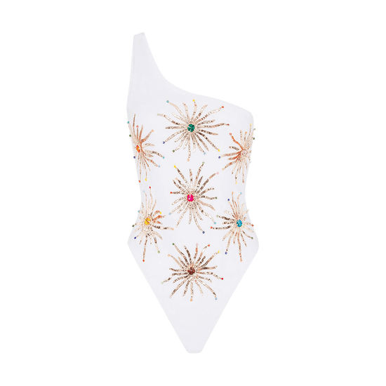 Callie One Shoulder Hand Embroidered swimsuit White - Oceanus Swimwear