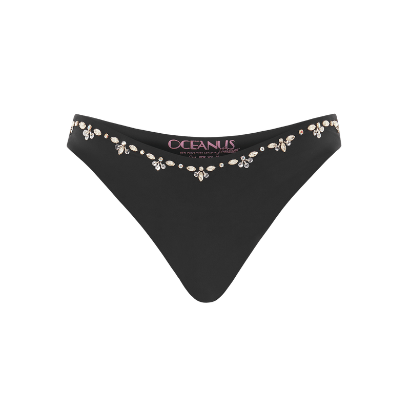 Aaliyah Hand Embroidered Black Bikini Bottom - Oceanus Swimwear