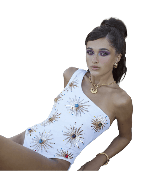 Callie One Shoulder Hand Embroidered swimsuit White - Oceanus Swimwear