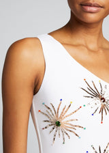 Callie One Shoulder Hand Embroidered swimsuit White - Oceanus Swimwear