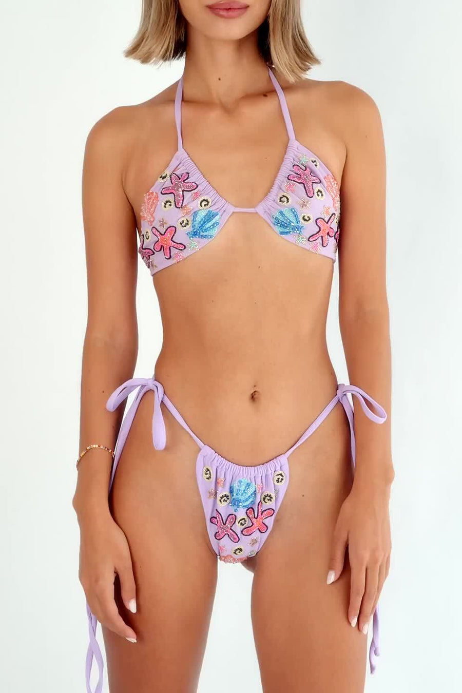 Fia Tropical Hand Embroidered Bikini Bottoms Lilac