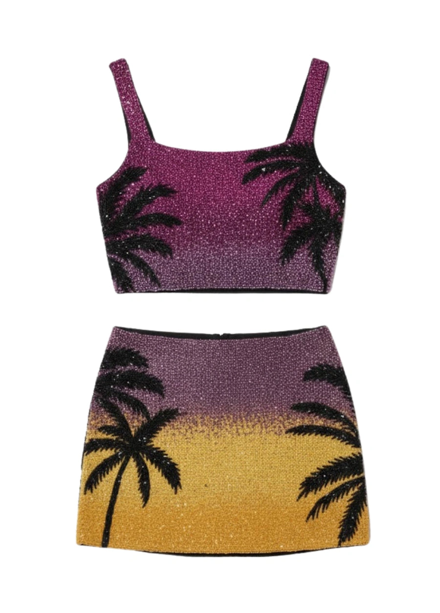 Palm Dusk beaded black palm tree crop top