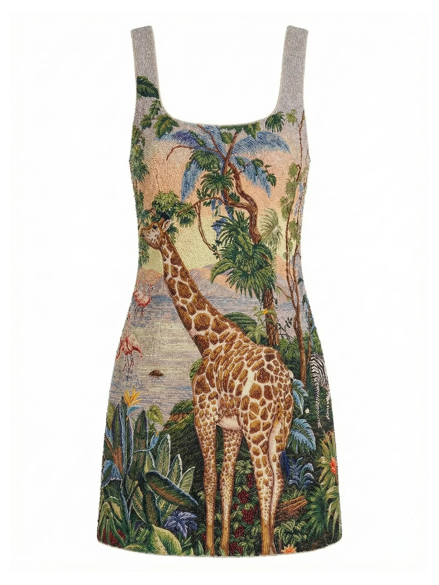 Jungle Giraffe Beaded Mini Dress