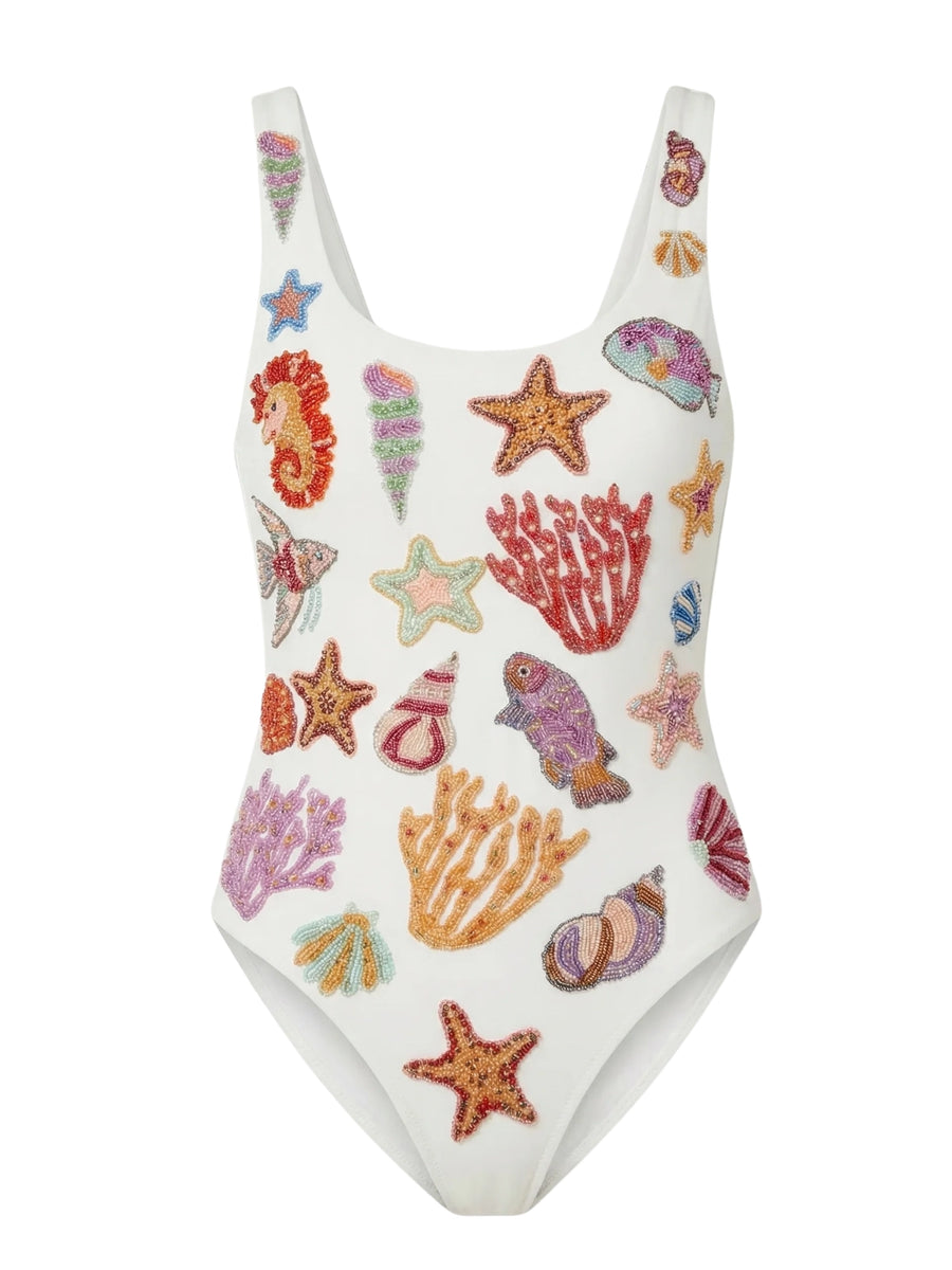 Coral White Beaded Swimsuit