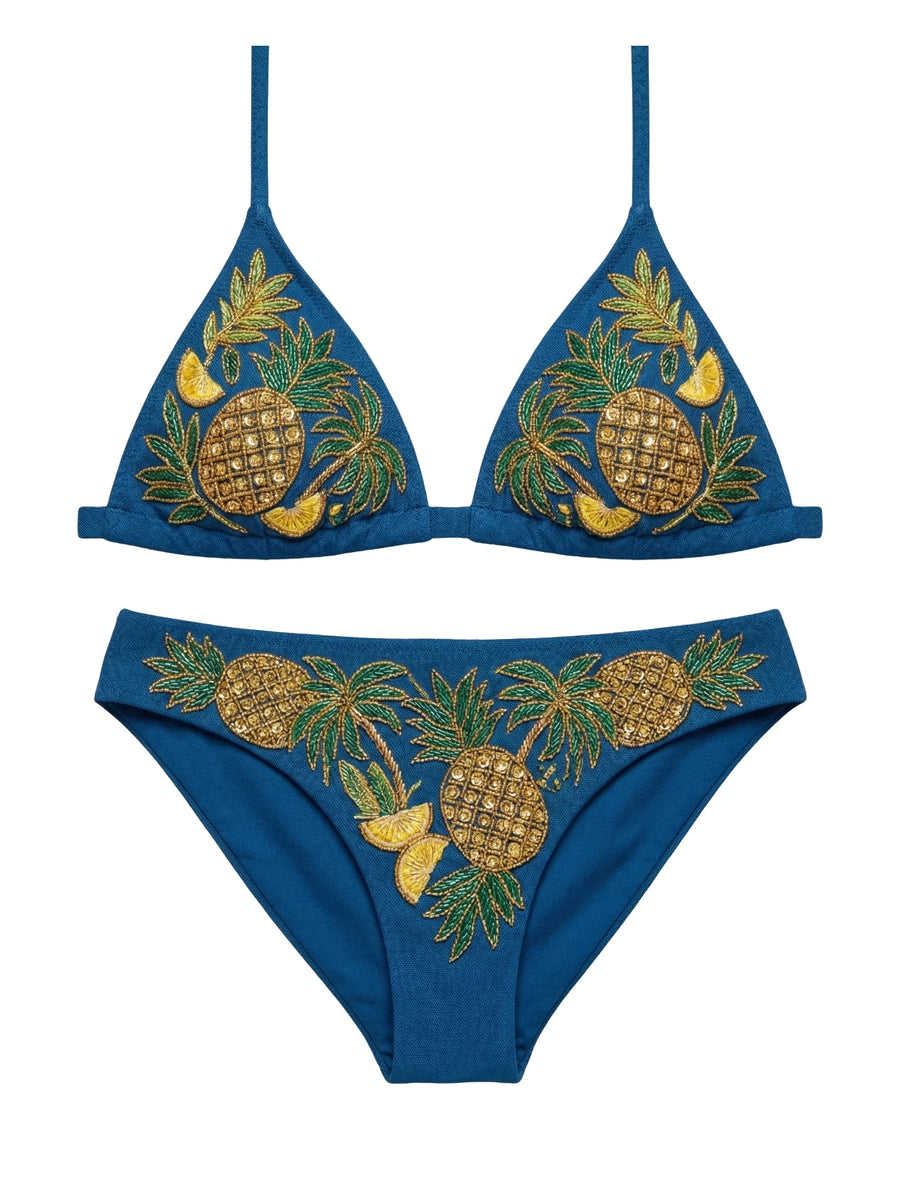 Tropical Pineapple Beaded Bikini Bottom in Blue