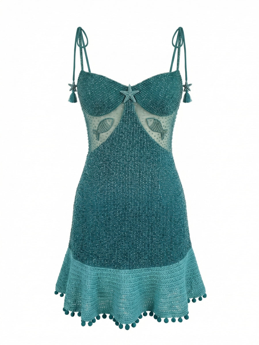 Green Starfish Beaded Mini Dress