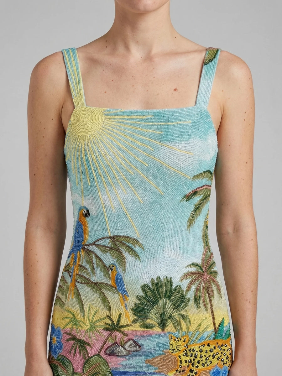 Sunshine Peacock Blue Beaded Mini Dress