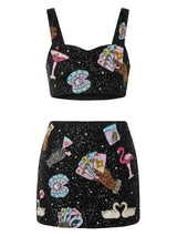 Vegas Beaded Mini Black Party Beach Co-ord Top in Stock