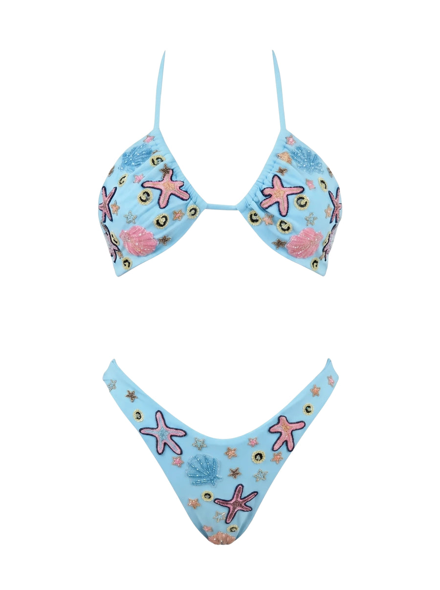 Fia Tropical Hand Embroidered Bikini Top Blue