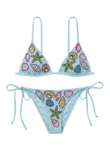 Moire Shell Blue Hand-Beaded Bikini Bottom