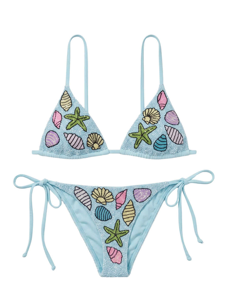 Moire Shell Blue Hand-Beaded Bikini Bottom