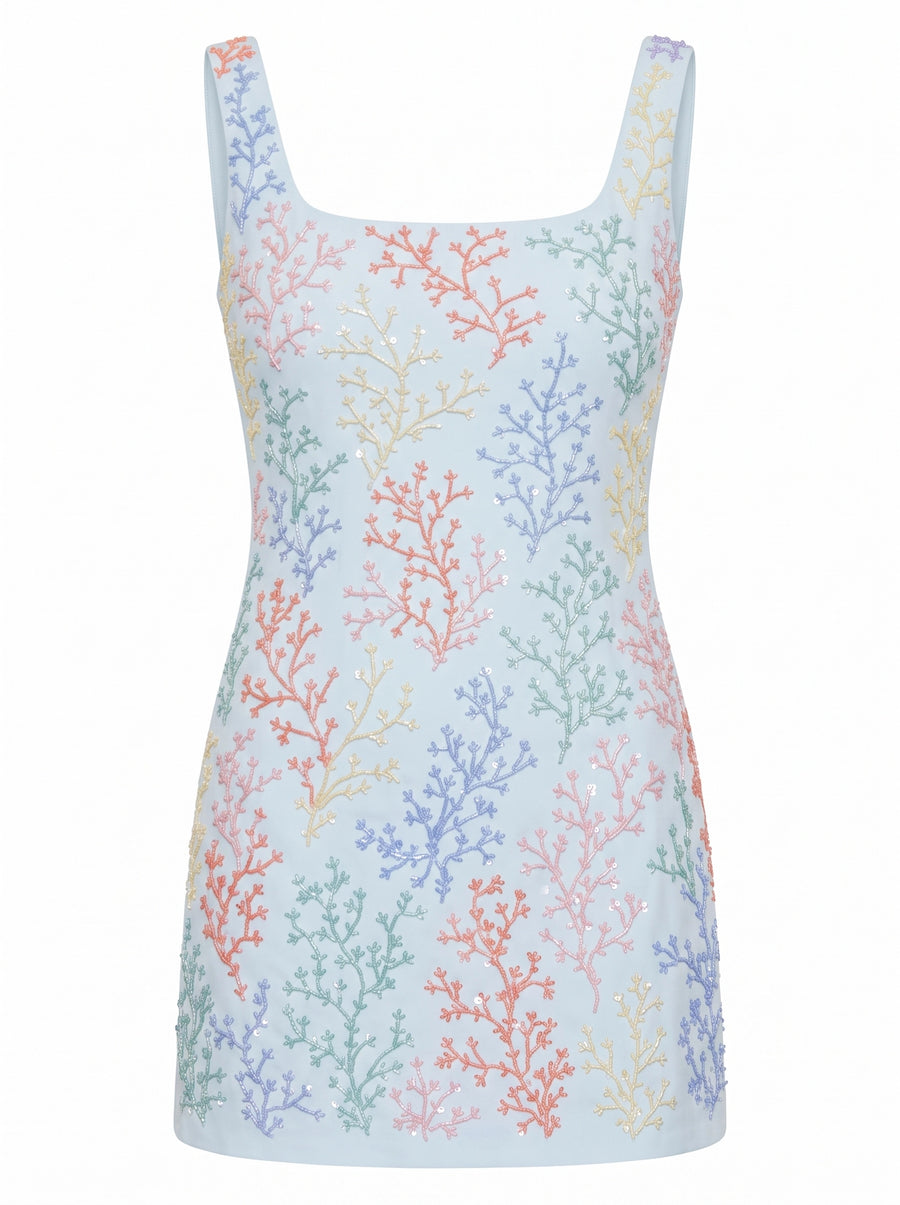 Riviera Coral Hand-Beaded White Mini Dress