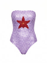 Purple Starfish Hand-Embroidered Sequin Strapless Swimsuit
