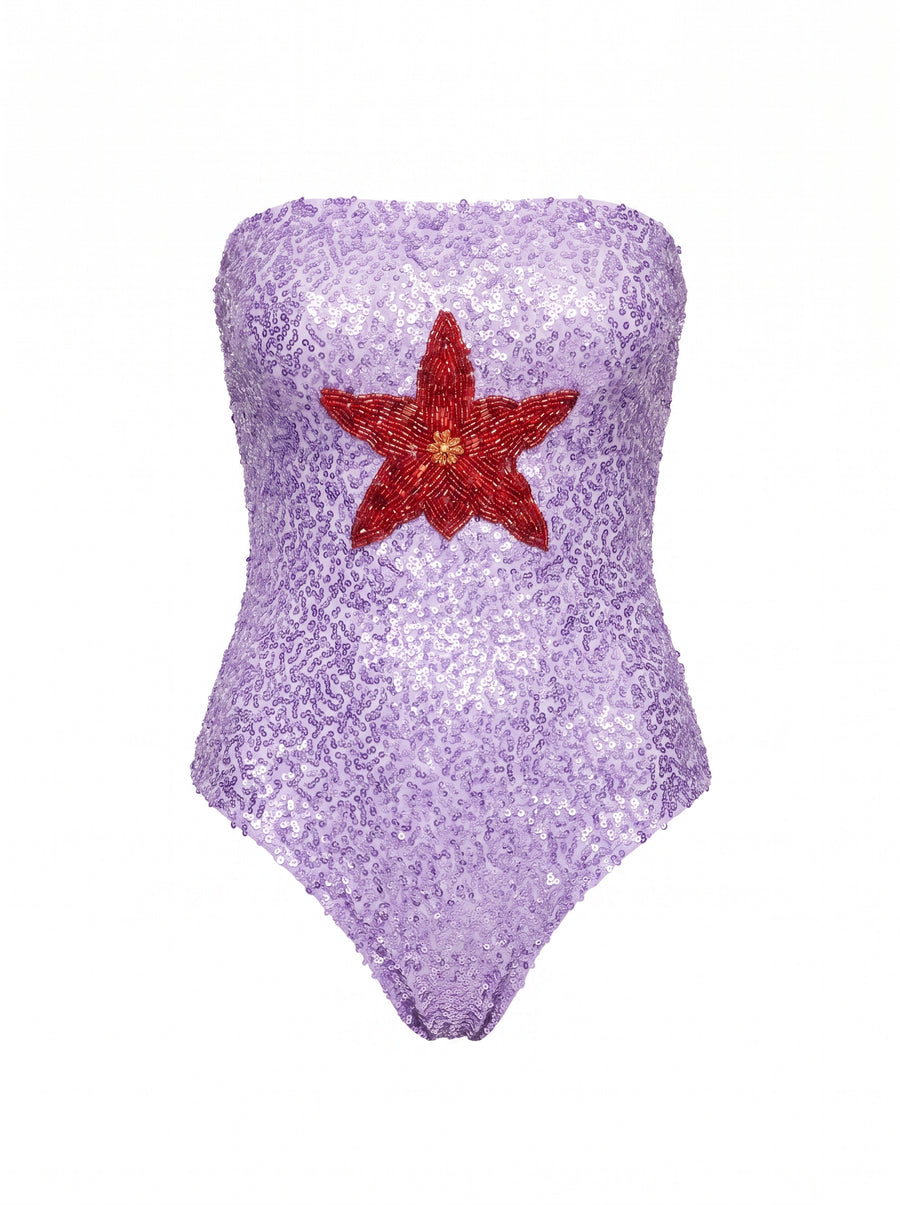 Purple Starfish Hand-Embroidered Sequin Strapless Swimsuit