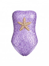 Purple Yellow Starfish Hand-Embroidered Sequin Strapless Swimsuit