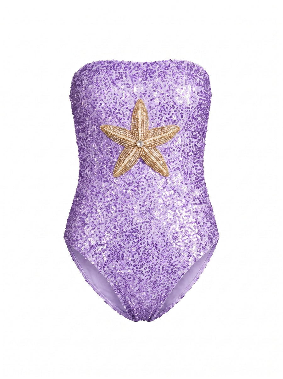 Purple Yellow Starfish Hand-Embroidered Sequin Strapless Swimsuit
