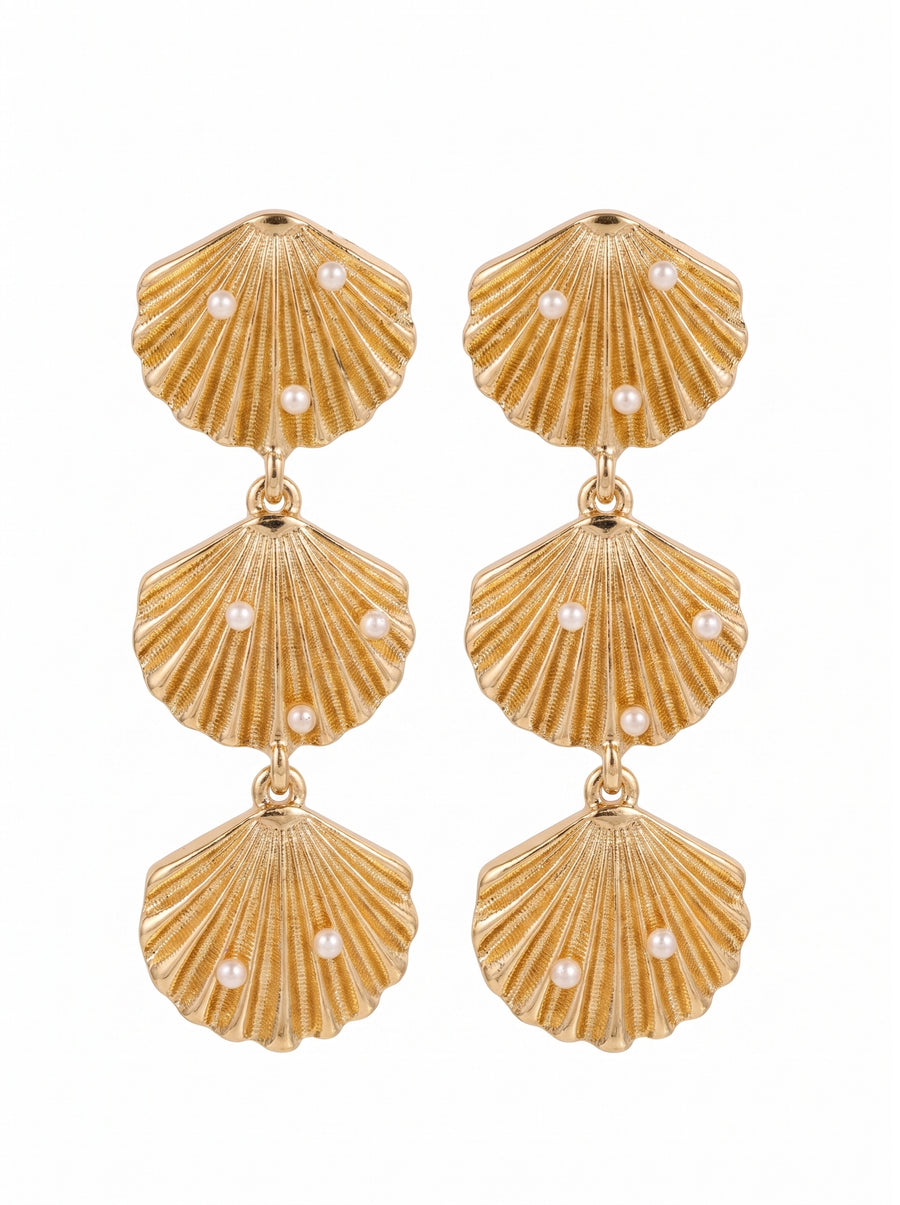 Triple Shell Gold with Pearl Earrings