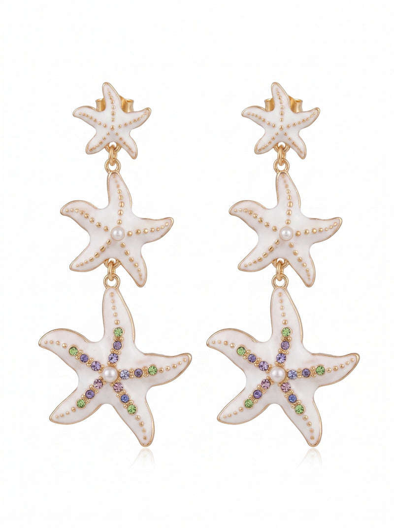 Triple White Starfish with Pearl Earrings
