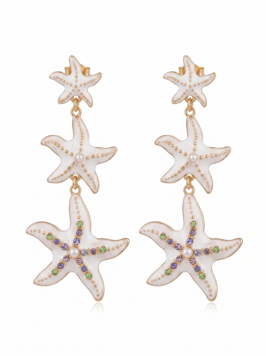 Triple White Starfish with Pearl Earrings