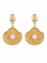 Gold Seashell with White Pearl Earrings