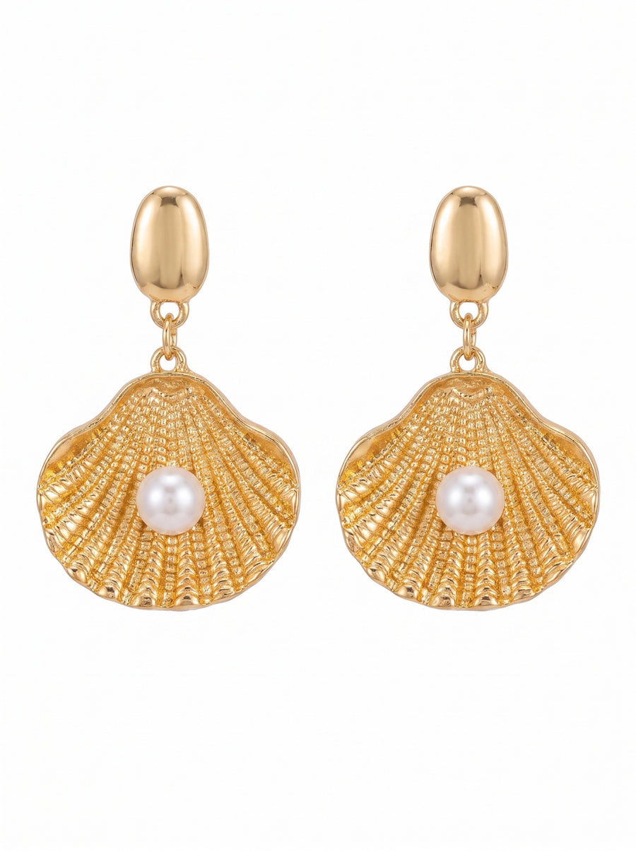 Gold Seashell with White Pearl Earrings