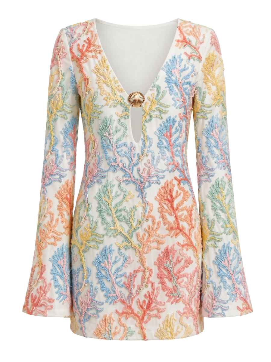 Serena Coral Colorful White Sleeve Hand Beaded Mini Dress