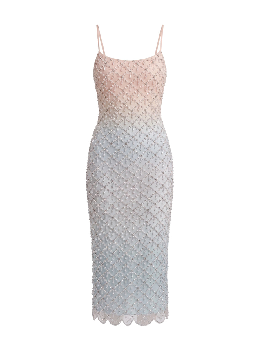 Calliope Luxury Hand Embroidered Crystal Pink Blue Ombre Maxi Party Dress