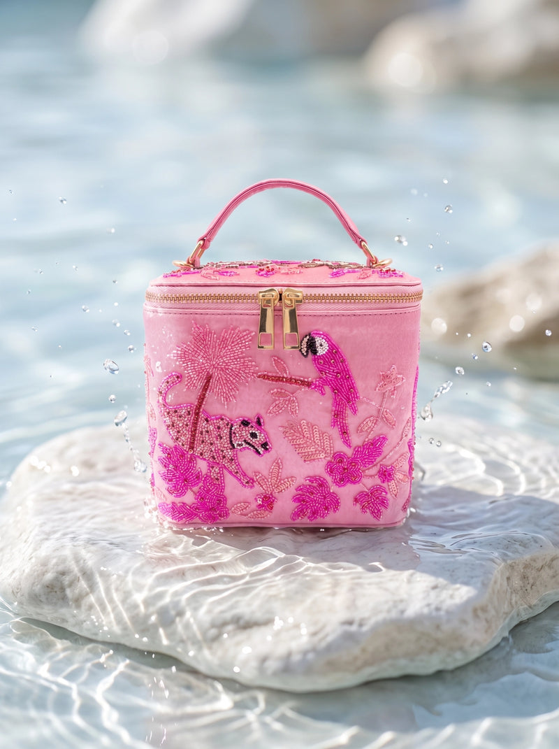 Tropical Pink Hand-Embroidered Vanity Bag