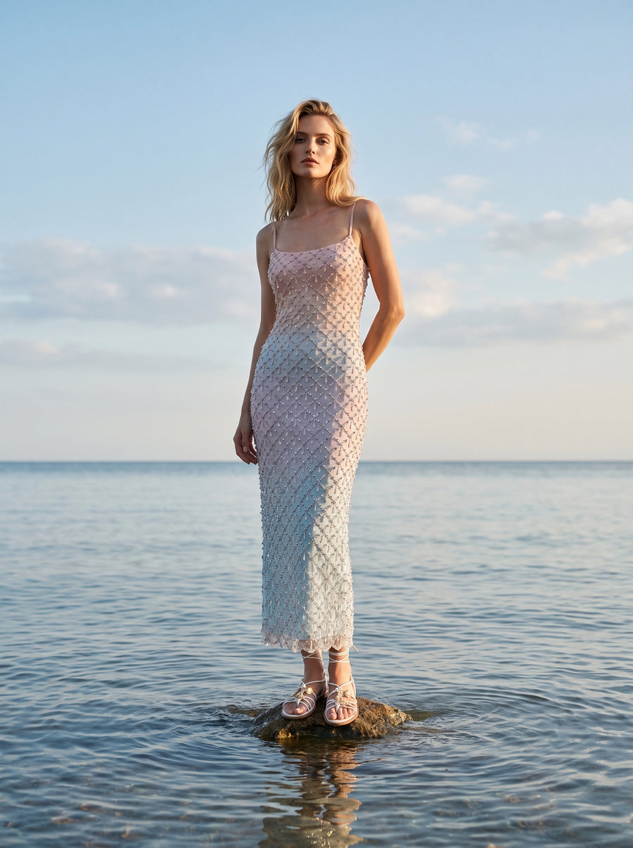 Calliope Luxury Hand Embroidered Crystal Pink Blue Ombre Maxi Party Dress