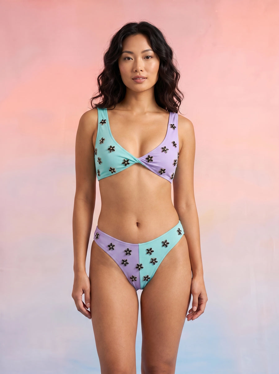 Luna Two-Tone Floral Embellished Bikini Bottom