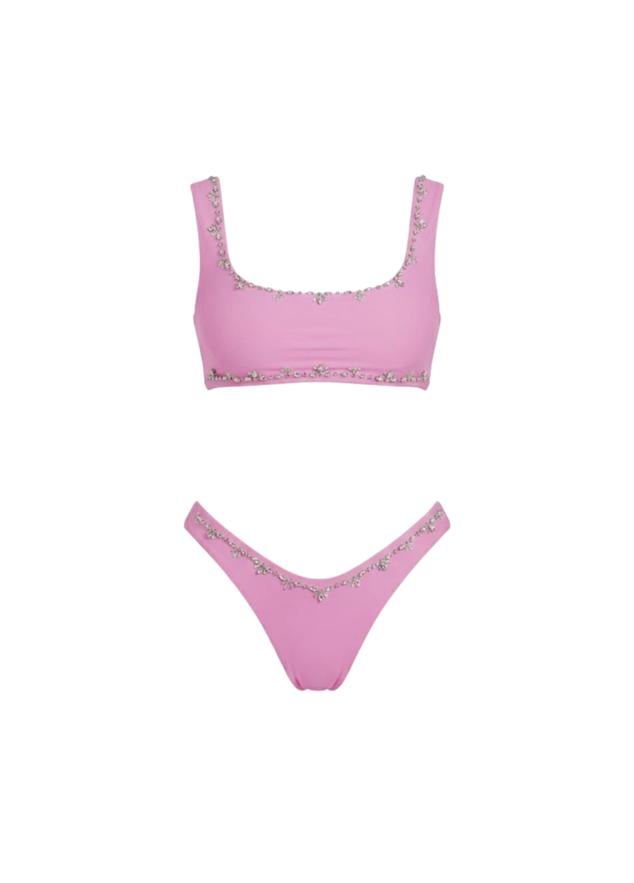 Aaliyah Hand Embroidered Crystals Bikini Bottom - Pink
