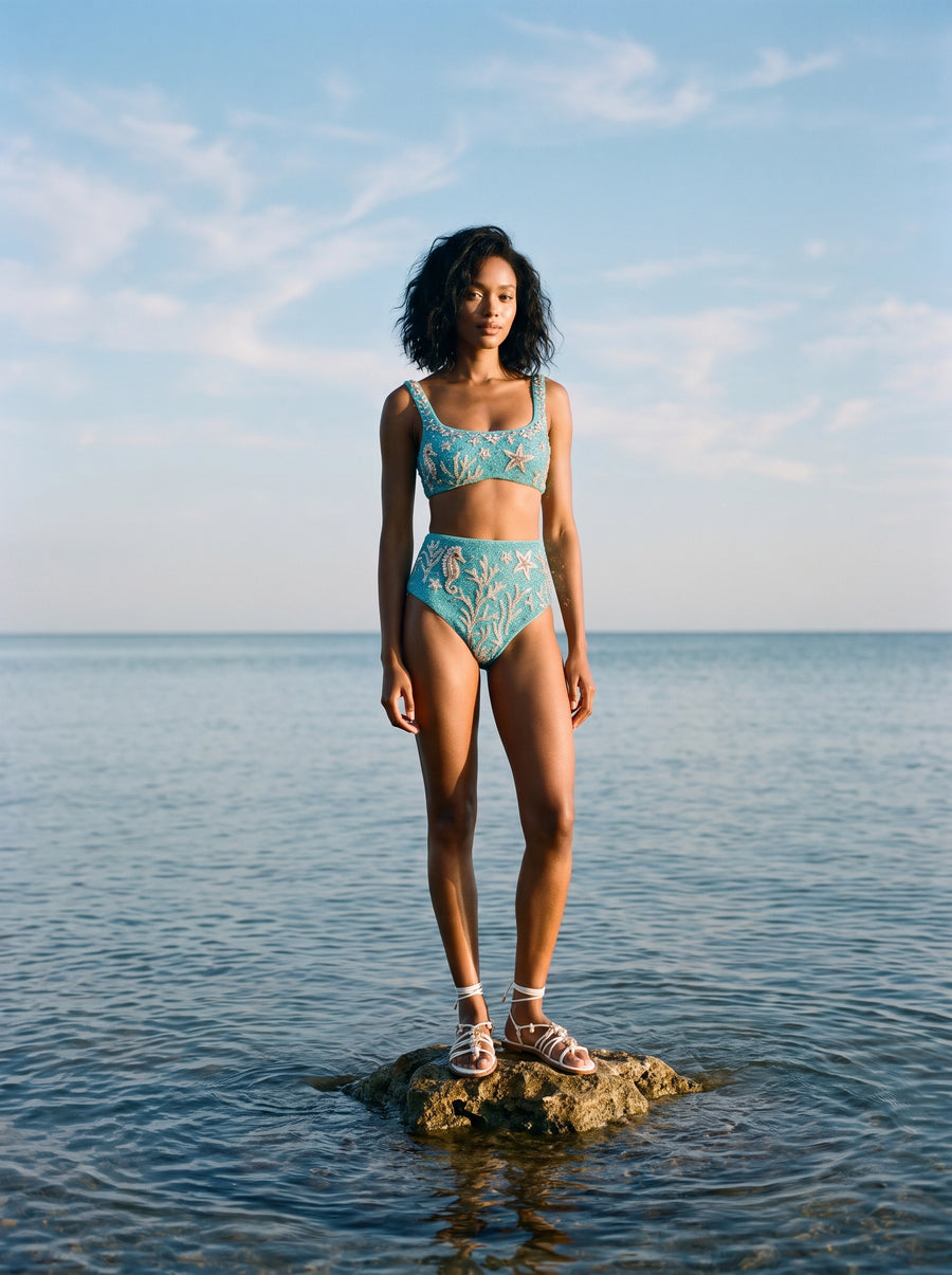 Ocean Starfish Hand-Beaded Bikini Aqua Blue