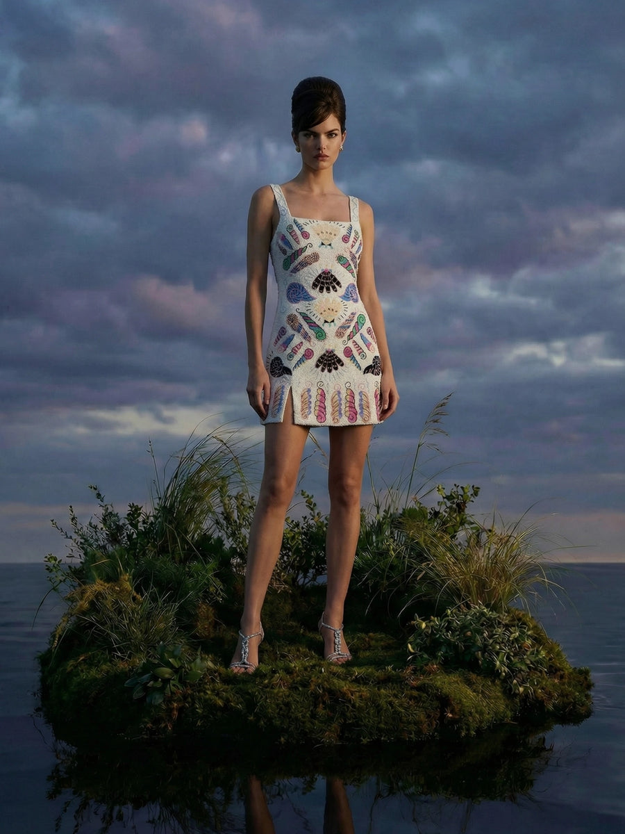 Oceanus x Zandra Rhodes Dream Shell Mini Dress White