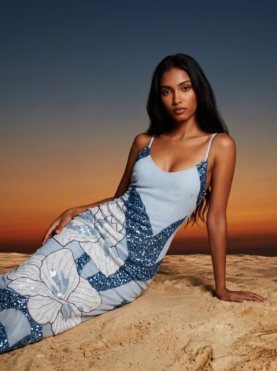 Delilah Beaded Dress Blue Oceanus x By Poppy in Stock